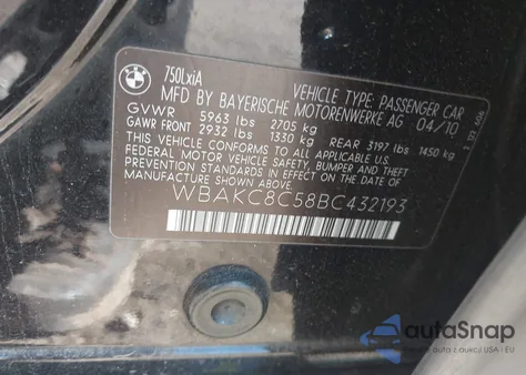 2011 BMW 750Li xDrive z USA, uszkodzony, nr VIN WBAKC8C58BC432193